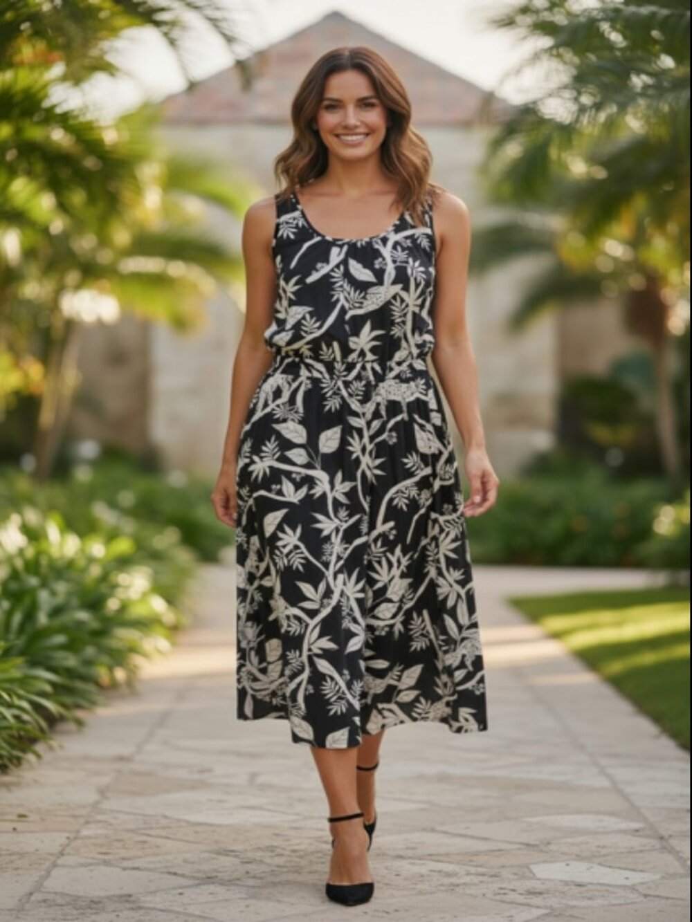 Talbots Tropical Panther Tipped Fit & Flare Midi Dress, Size 6
